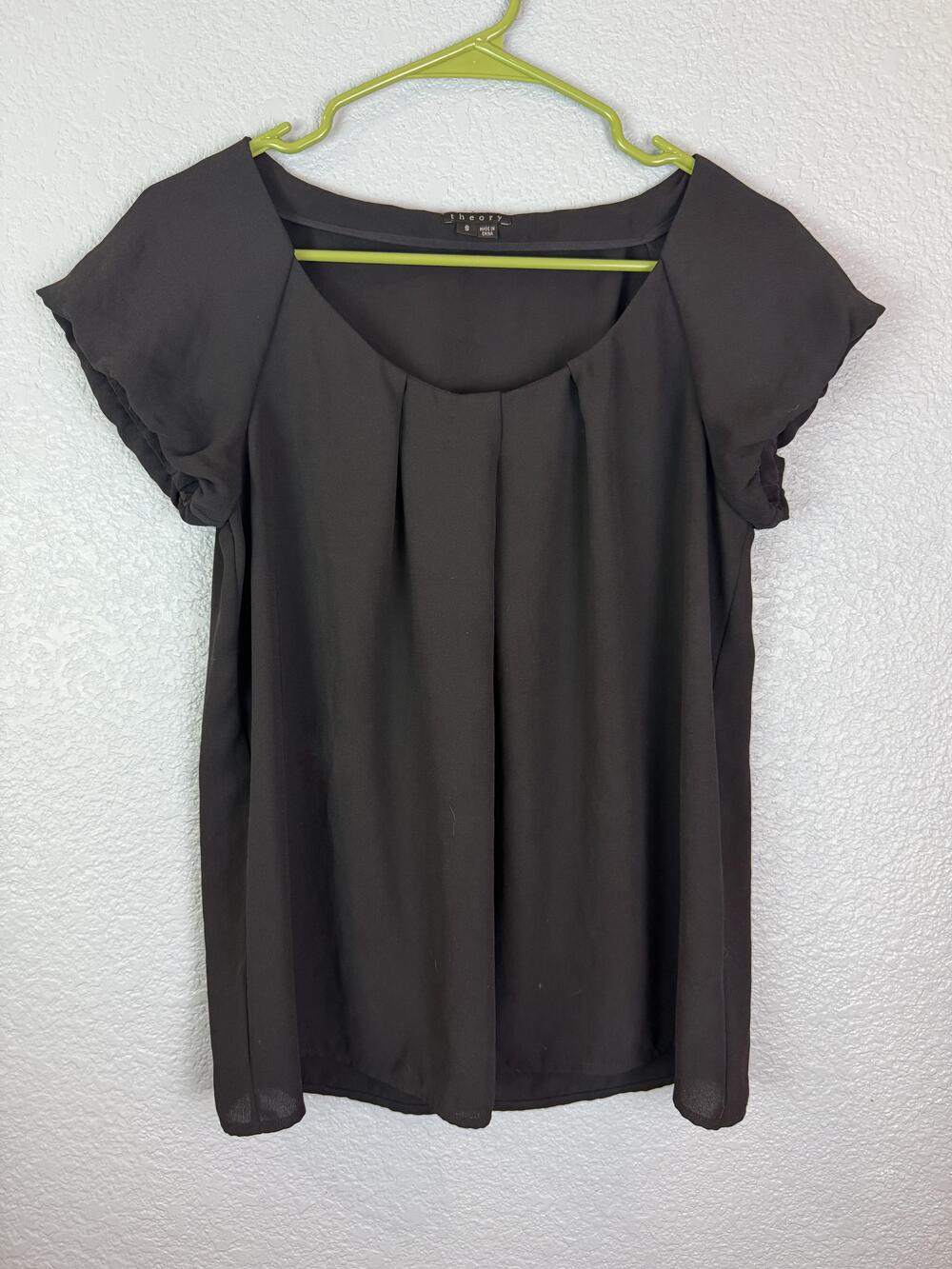 Theory Blouse Womens Small Black Short Sleeve Pleated Front Lined Dressy Top